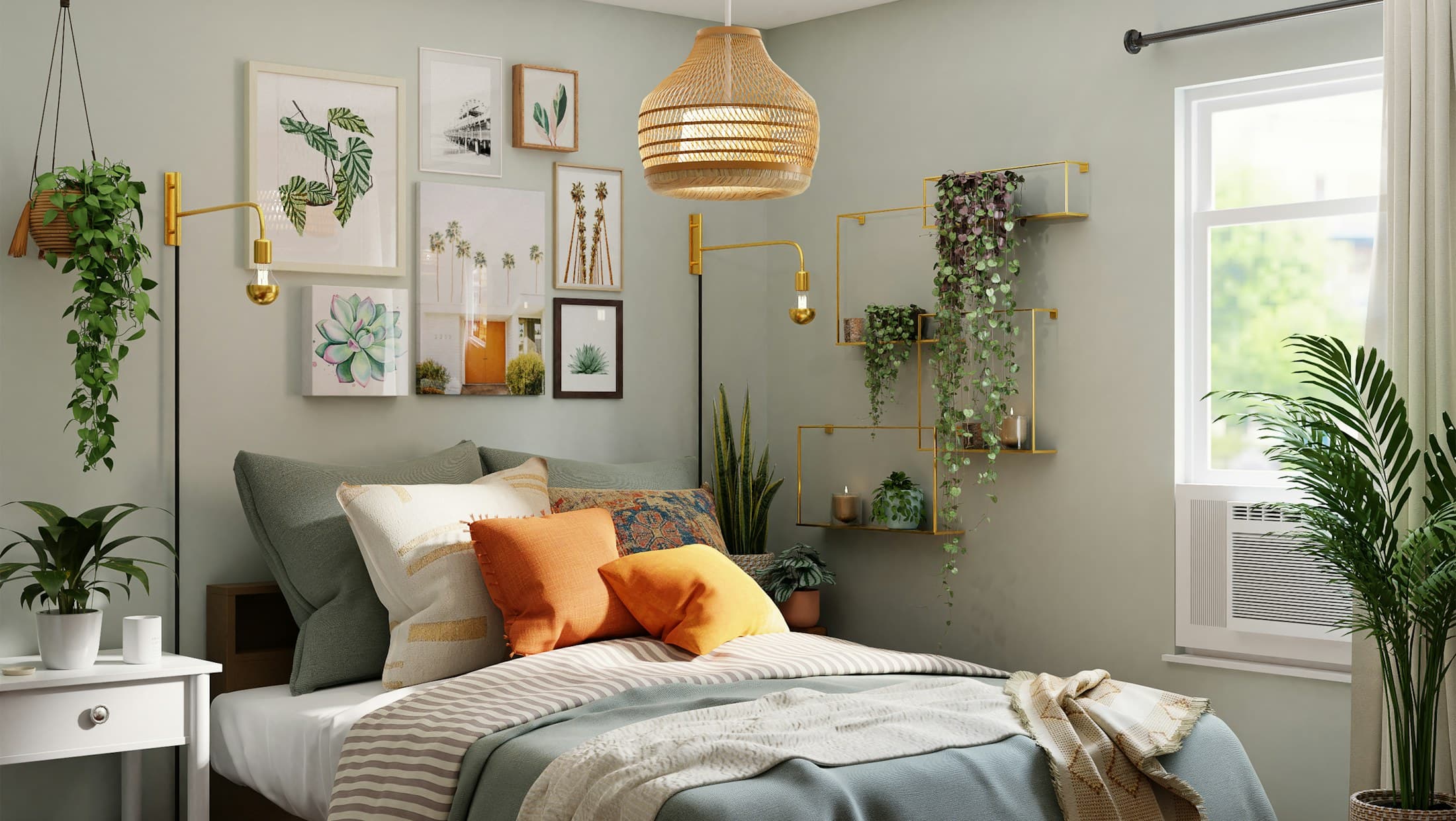 Bedroom at dusk lit by a single lamp, walls nearly black
