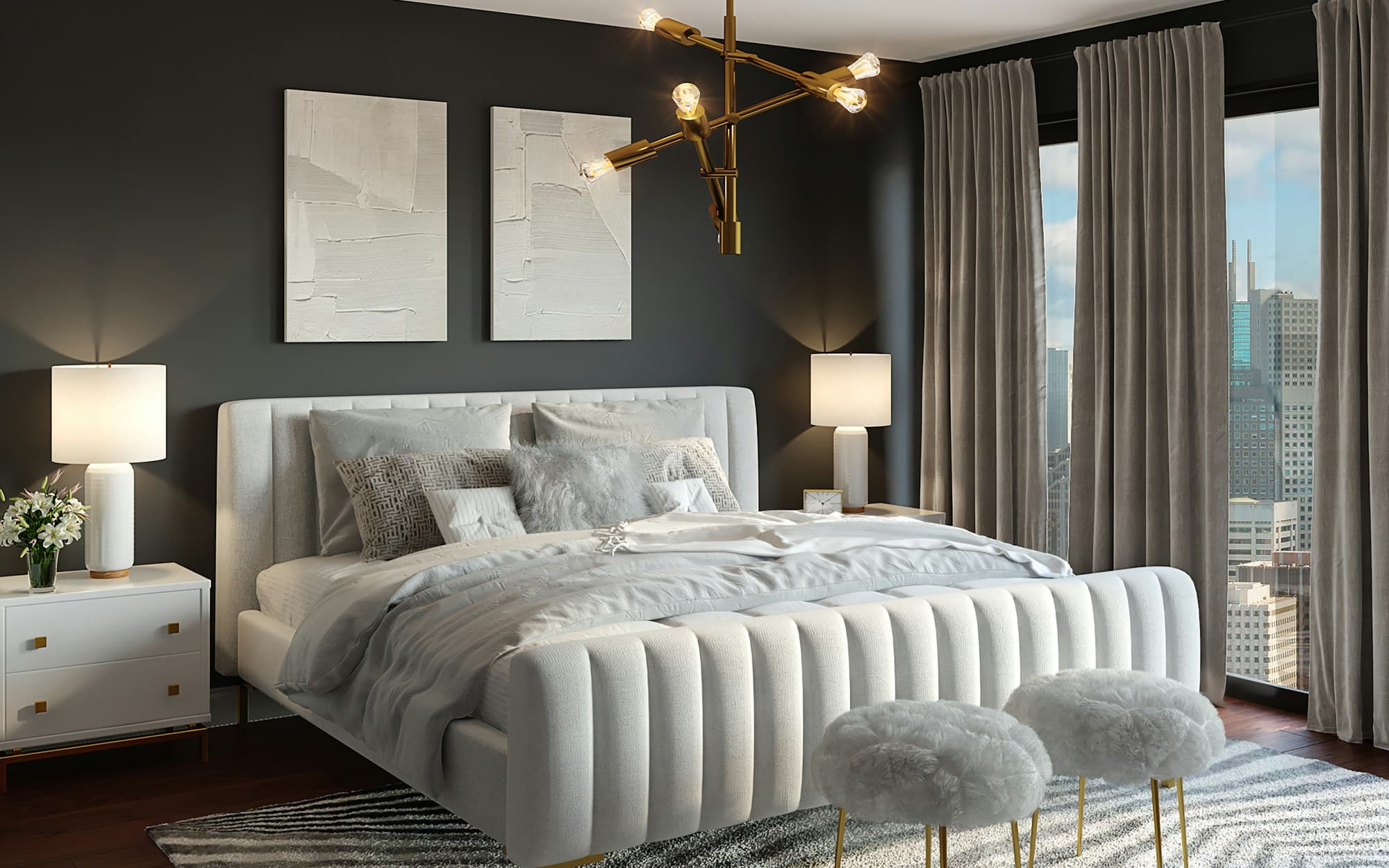 Grey-washed bedroom with low bed and shuttered window